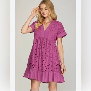 She + Sky Magenta Drop Sleeve Eyelet Mini Dress